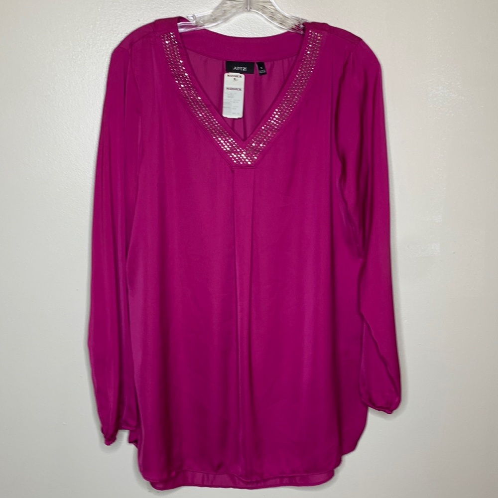 NEW APT 9 Blouse Medium Dark Pink V-Neck Rhinestone Popover Tunic Top Medium